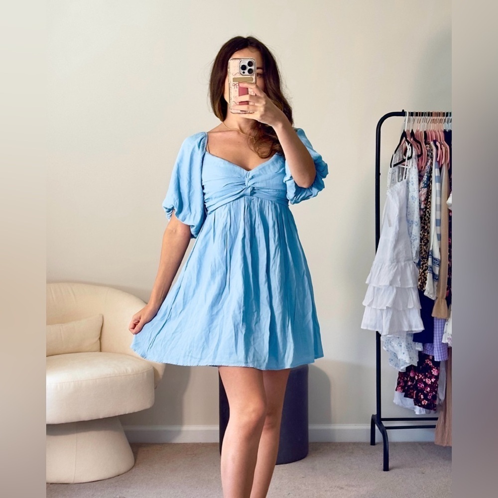 new with tags altar'd state blue puff sleeve knot front dress